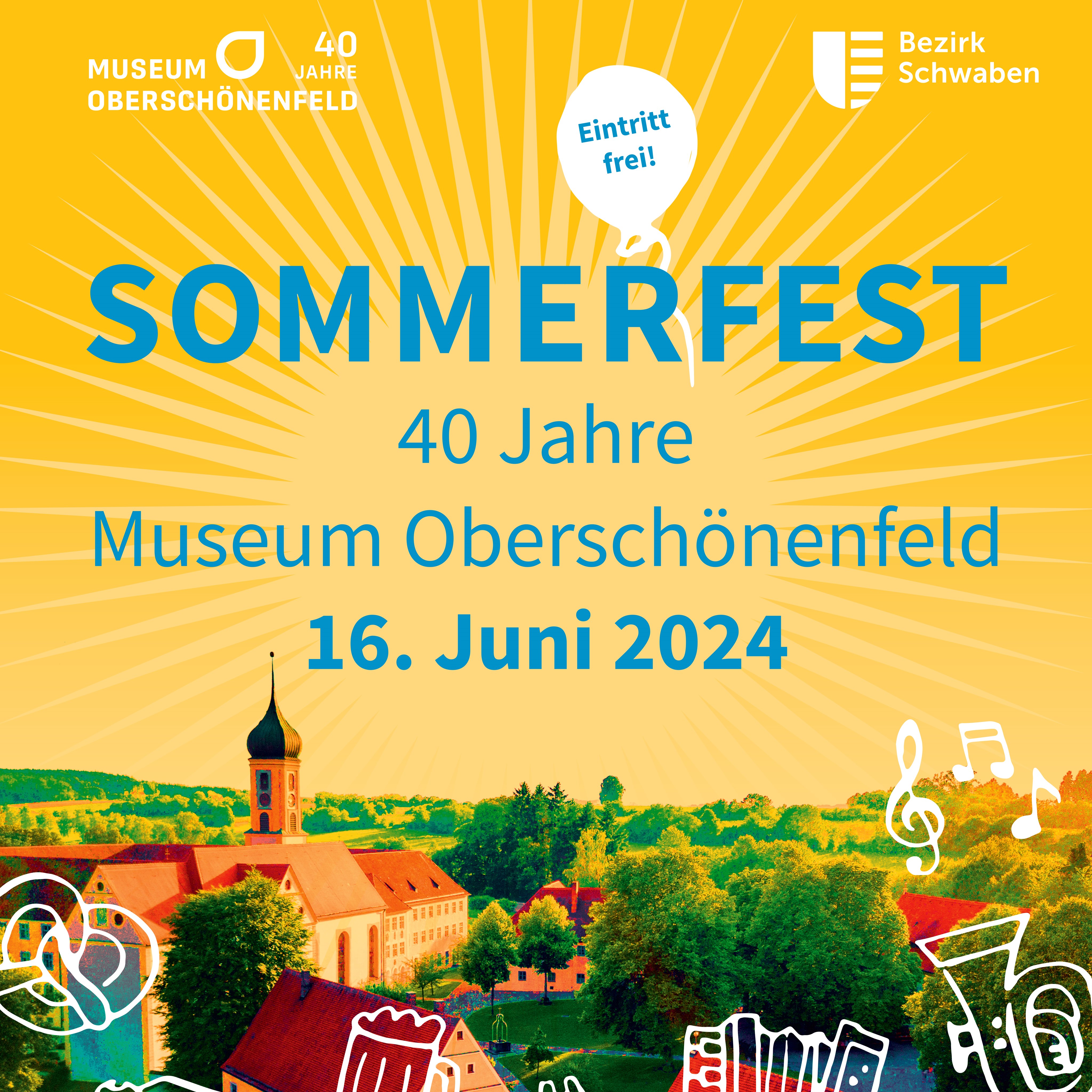 Plakat mit gelbem Hintergrund, blauer Schrift und Oberschönenfeld-Foto