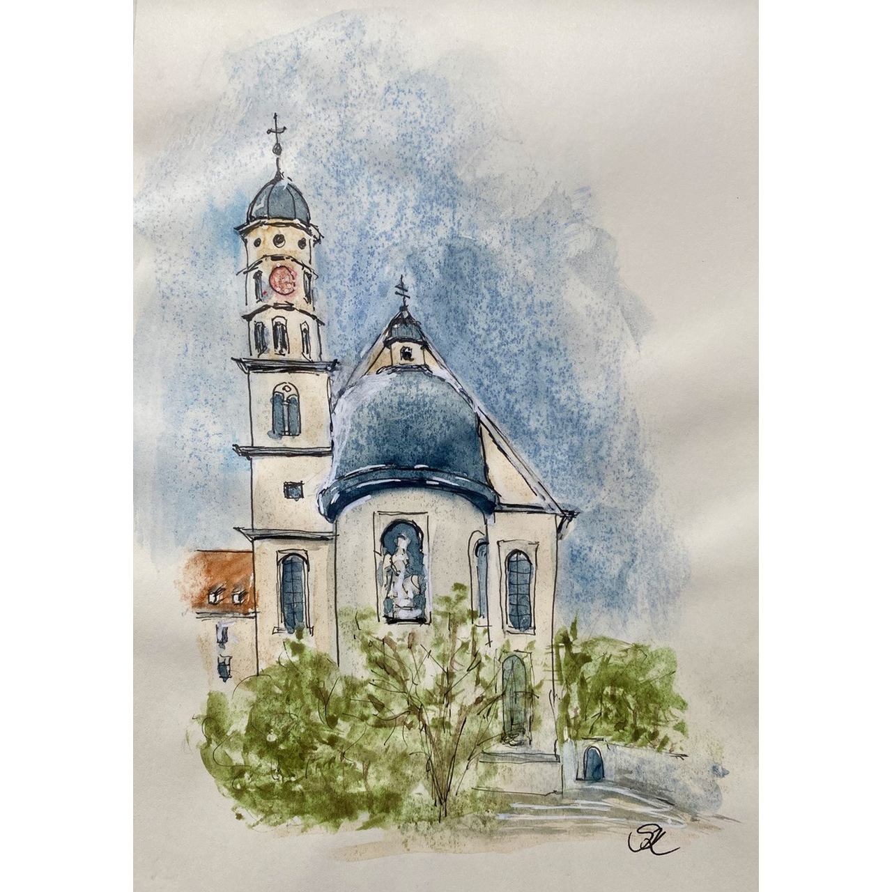 Aquarellierte Zeichnung der Maihinger Klosterkirche von Sabine Koloska