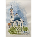 Aquarellierte Zeichnung der Maihinger Klosterkirche von Sabine Koloska