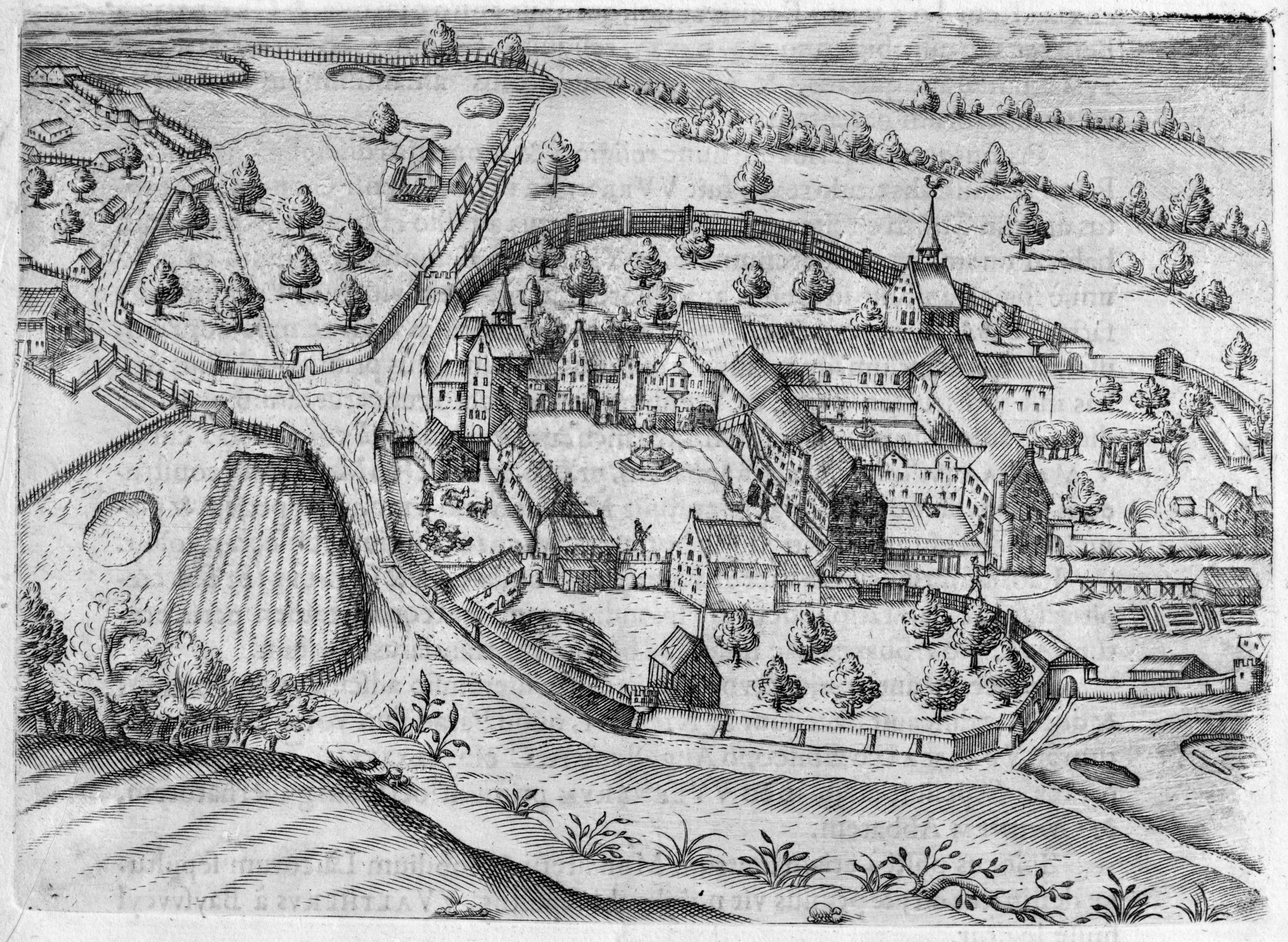 Ansicht des Klosters Irsee vor dem barocken Neubau, aus: Georg Stengel, Monasteriologia, Augsburg 1619 Repro: Grizeto-Verlag