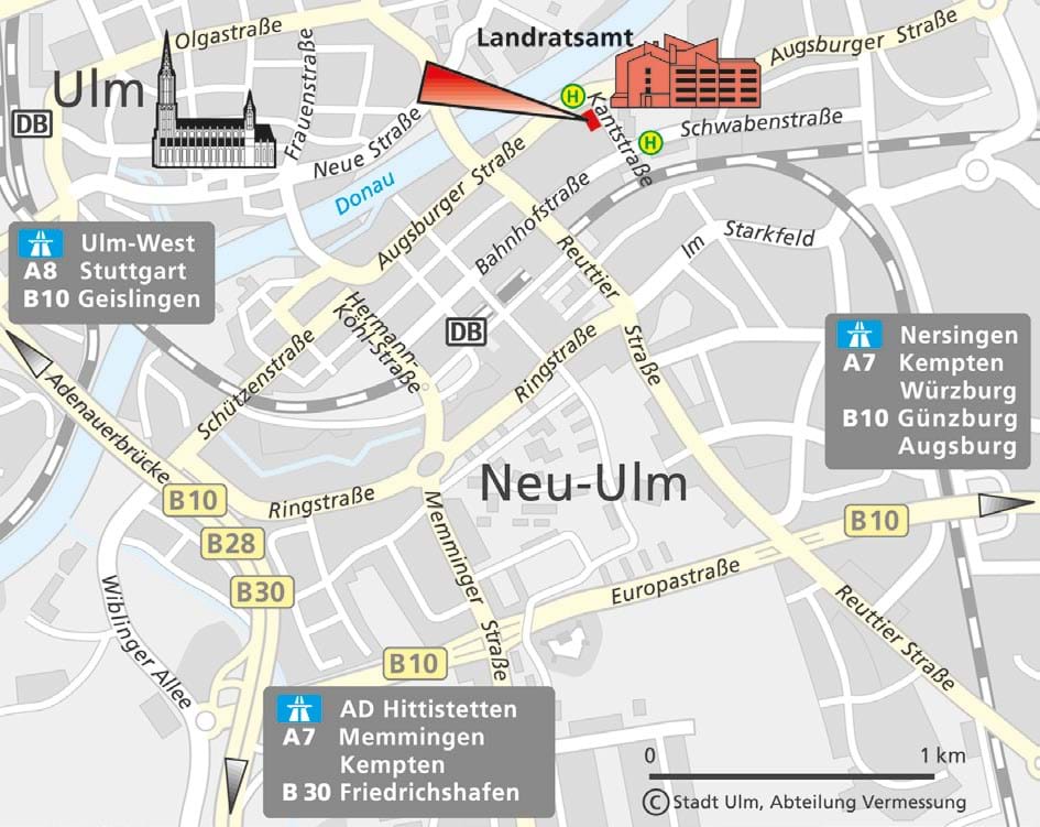 Karte von Neu-Ulm mit eingezeichnetem Landratsamt (Quelle: Stadt Ulm, Abteilung Vermessung)