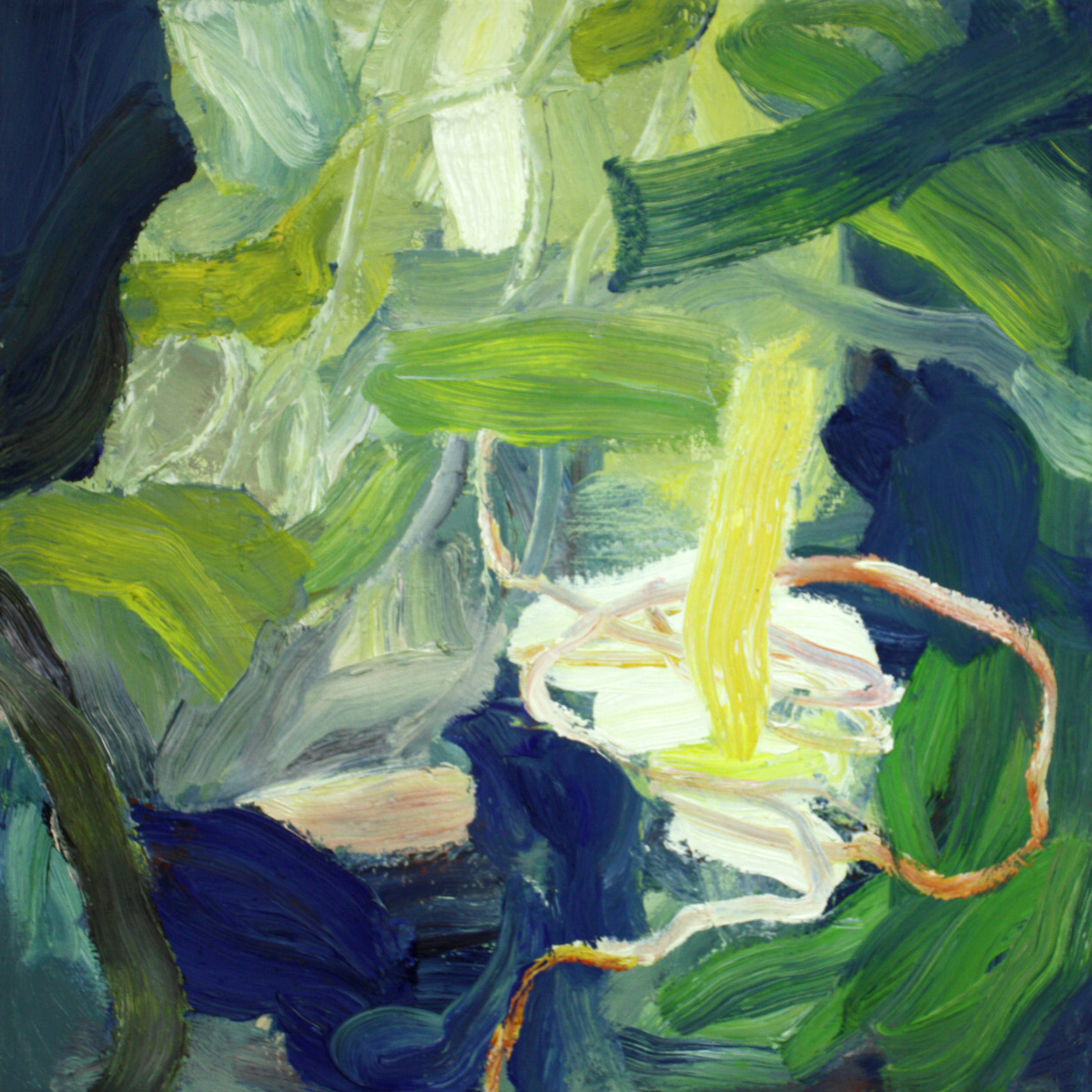 abstraktes Gemälde, vorrangig in grünen und blauen Farbtönen