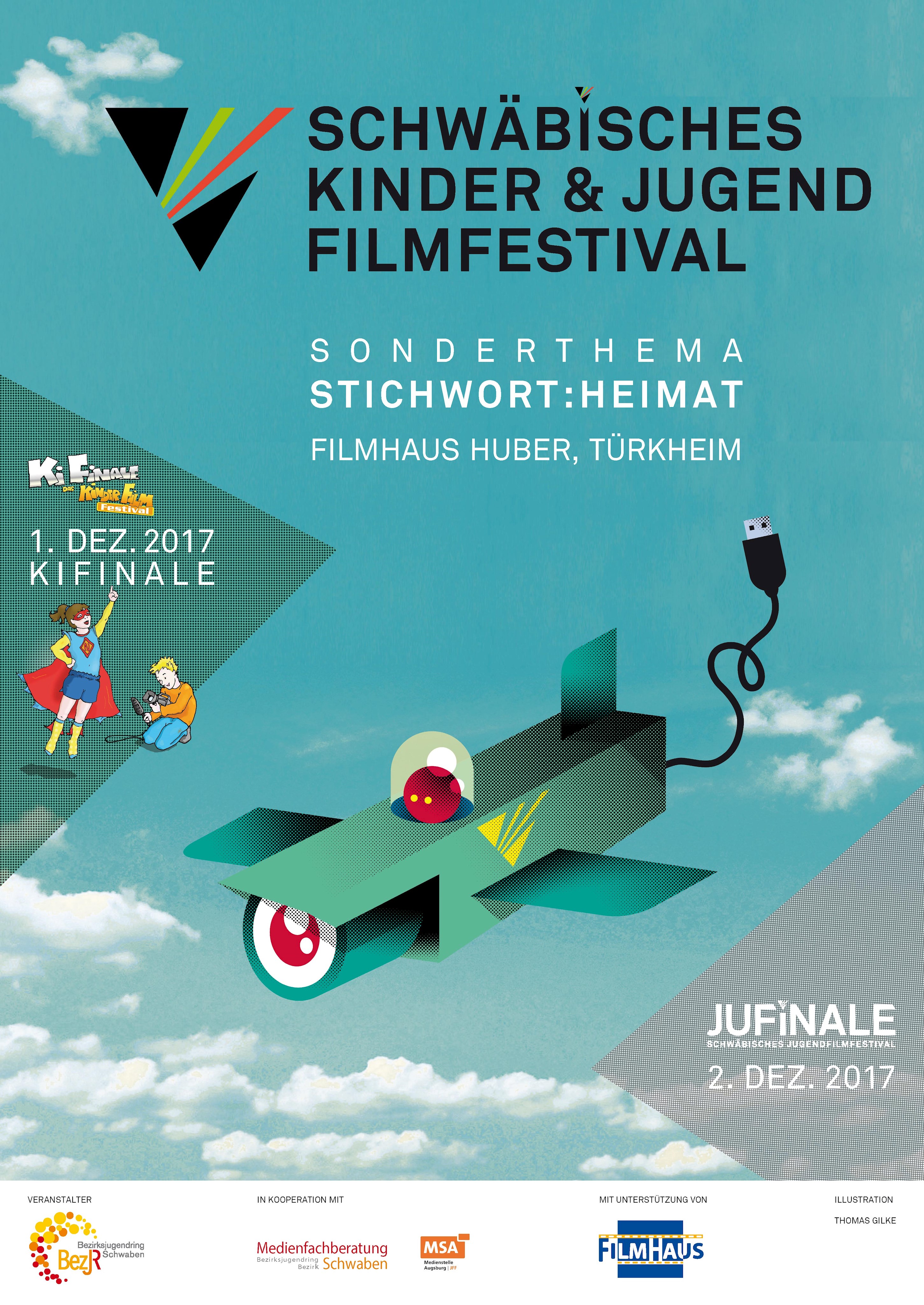Plakat-Motiv des Schwäbischen Kinder & Jugend Filmfestivals 2017: ein grünes Flugzeug vor blauem Himmel, darüber das Logo des Festivals